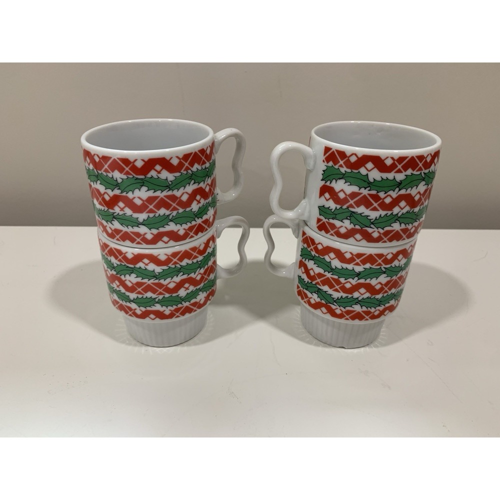 VINTAGE CHRISTMAS STACKABLE MUGS JAPAN - BUTTERFLY HANDLE CUP (4) - Picture 4 of 7